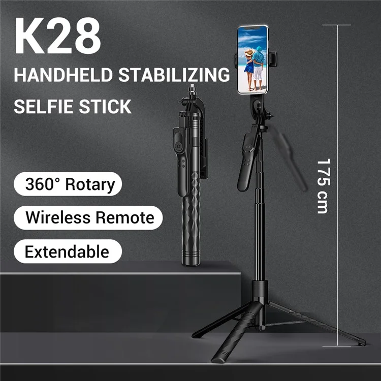 K28 2 en 1 Trípode de Piso de Aleación de Aluminio Extensible de 175 cm, Palo Selfie Bluetooth Portátil
