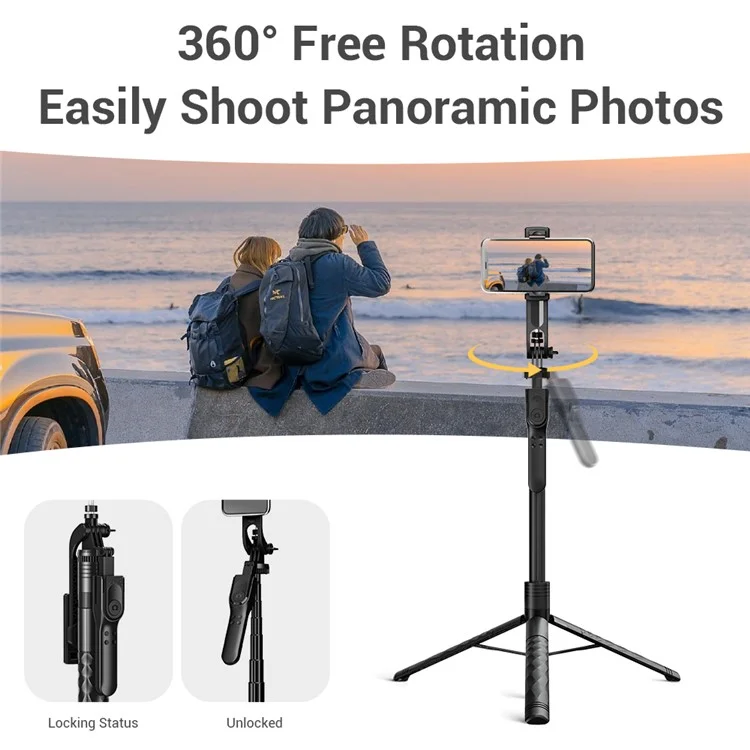 K28 2 en 1 Trípode de Piso de Aleación de Aluminio Extensible de 175 cm, Palo Selfie Bluetooth Portátil