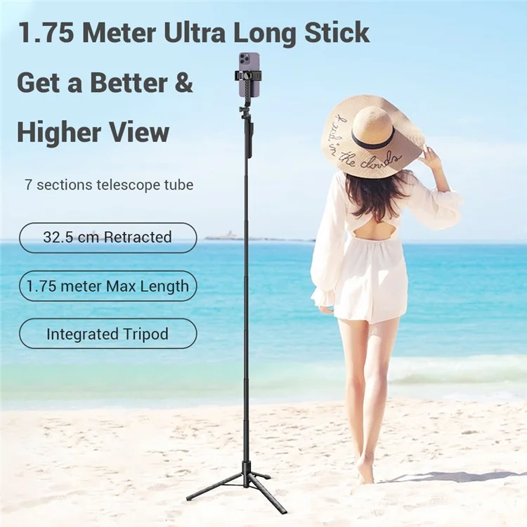 K28 2 en 1 Trípode de Piso de Aleación de Aluminio Extensible de 175 cm, Palo Selfie Bluetooth Portátil