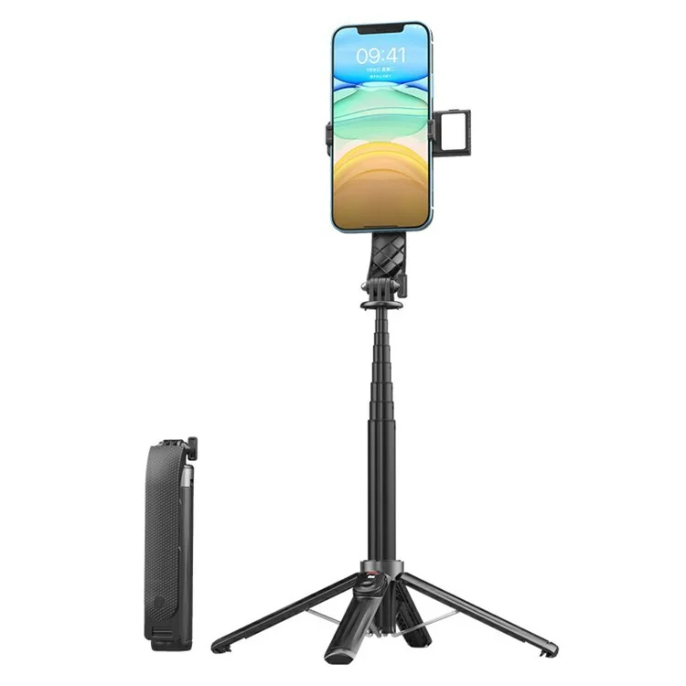 P07 2nd Gen V1 Phone Holder Selfie Stick 4-Leg Floor Stand with Bluetooth-compatible Remote Control + 1 Fill Light - Black