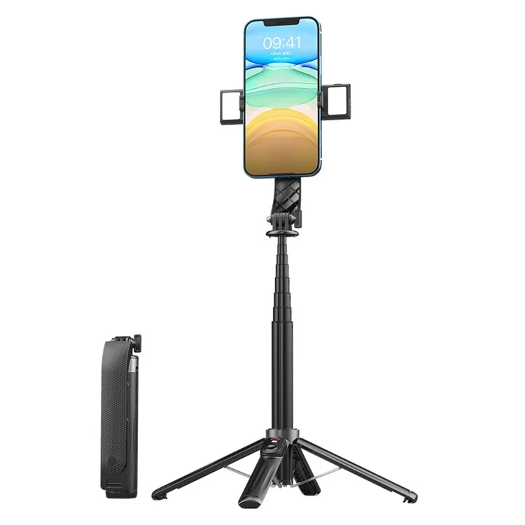 P07 2nd Gen V2 Telescopic Phone Holder Selfie Stick 4-Leg Floor Stand Bluetooth-compatible Shutter + 2 Fill Lights - Black