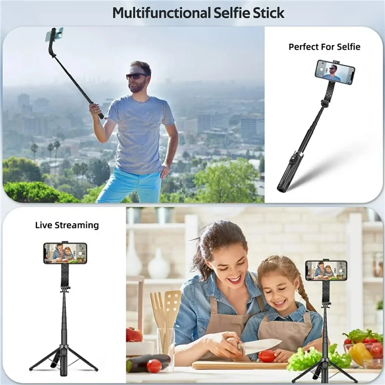 P07 2nd Gen V2 Telescopic Phone Holder Selfie Stick 4-Leg Floor Stand Bluetooth-compatible Shutter + 2 Fill Lights - Black