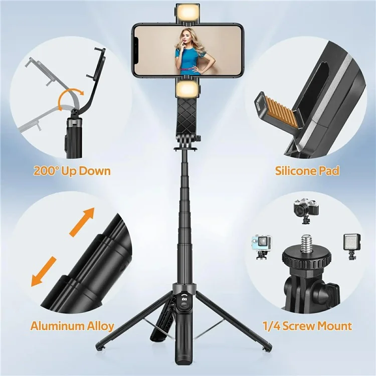P07 2nd Gen V2 Telescopic Phone Holder Selfie Stick 4-Leg Floor Stand Bluetooth-compatible Shutter + 2 Fill Lights - Black
