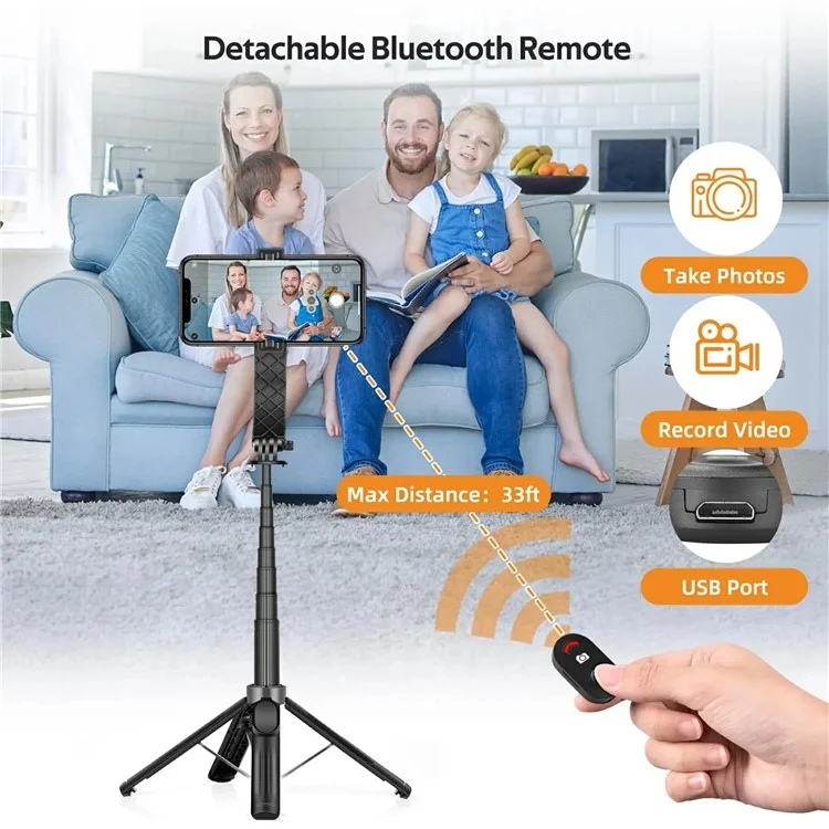 P07 2nd Gen V2 Telescopic Phone Holder Selfie Stick 4-Leg Floor Stand Bluetooth-compatible Shutter + 2 Fill Lights - Black