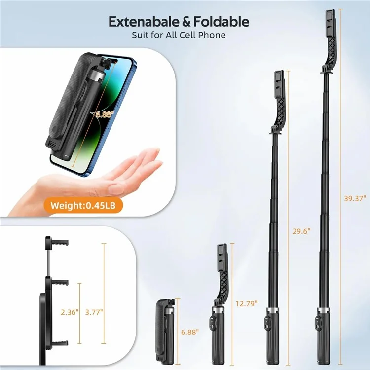 P07 2nd Gen V2 Telescopic Phone Holder Selfie Stick 4-Leg Floor Stand Bluetooth-compatible Shutter + 2 Fill Lights - Black