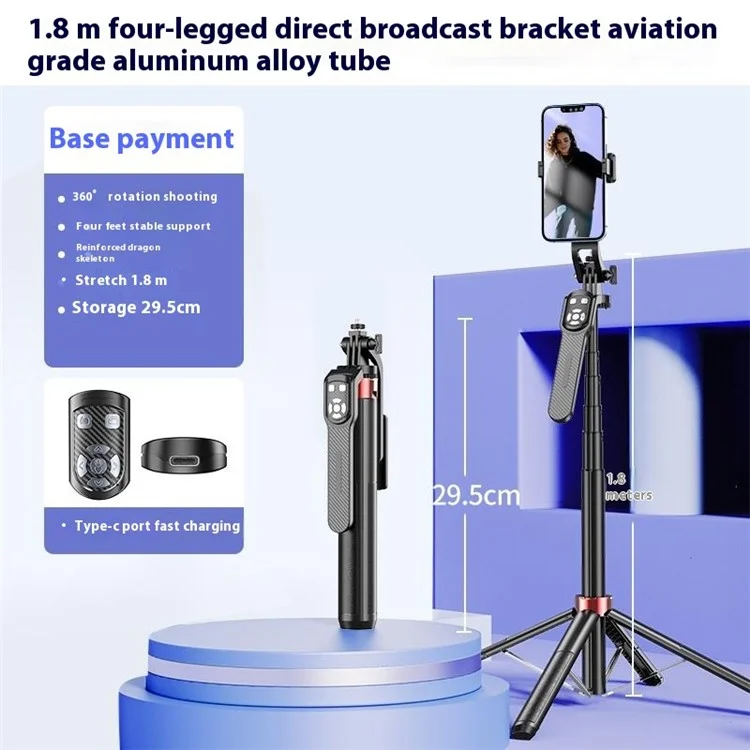 P185TK Phone Holder Live Streaming Four-Leg Floor Stand Extendable Bluetooth-compatible Selfie Stick