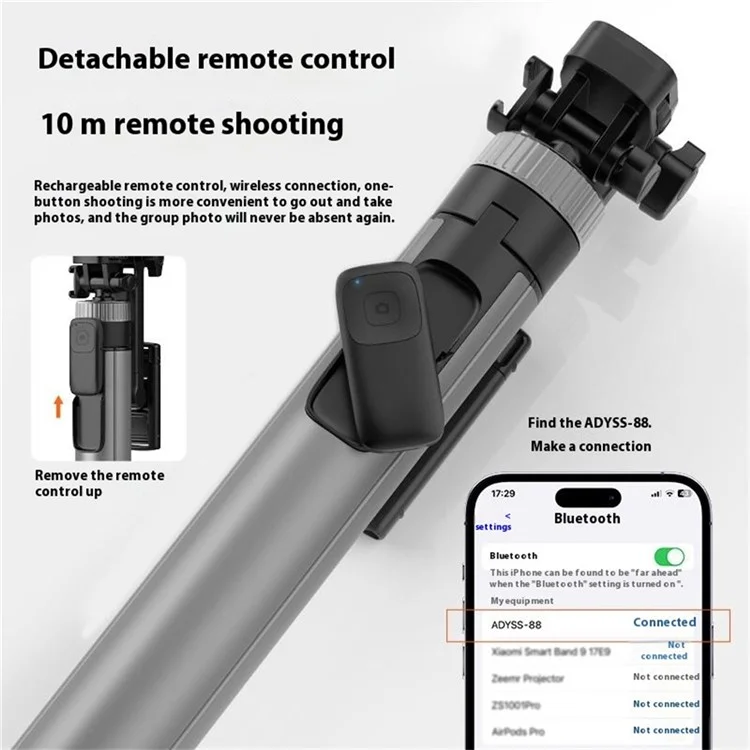 X65 2m Extendable Cell Phone Tripod Selfie Stick with Bluetooth-compatible Remote Control Compatible with iOS 5.0 or Above /  Android 4.2.2 or Above /  Harmonyos