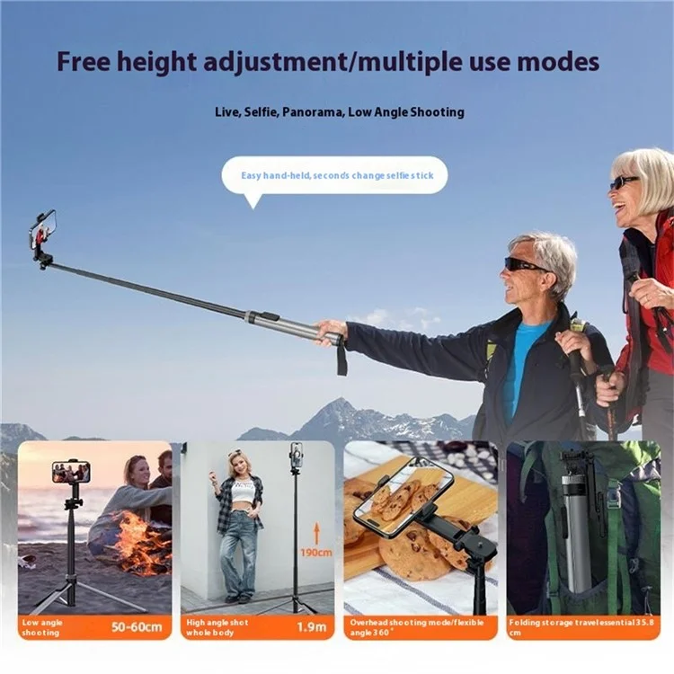 X65 2m Extendable Cell Phone Tripod Selfie Stick with Bluetooth-compatible Remote Control Compatible with iOS 5.0 or Above /  Android 4.2.2 or Above /  Harmonyos