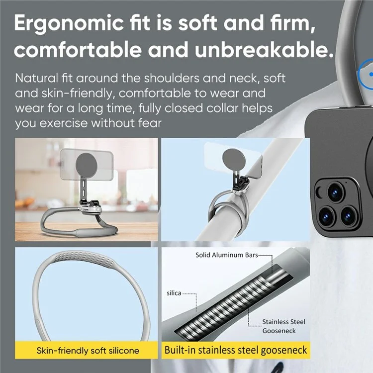 SCS-NH005 Magnetic Phone Neck Mount Neck Phone Holder POV / Vlog Selfie Mount, (Version Étendue) - Gris