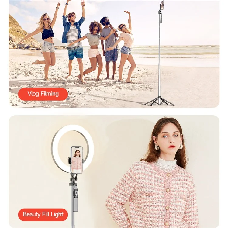 C19 1810mm 8-section Extendable Panoramic 4-Leg Tripod Stand Folding Selfie Stick for Streaming and Vlogging