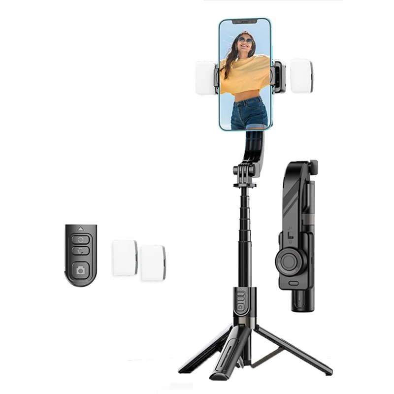 C08 Handheld Stabilizer with 2 Fill Lights , Anti-Shake Gimbal Tripod Selfie Stick for Live Streaming - Black+Tarnish