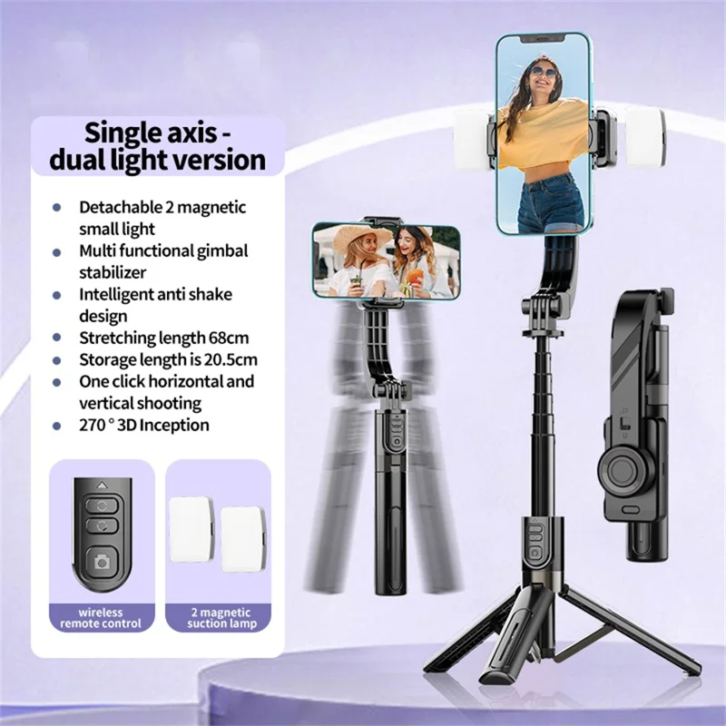 C08 Handheld Stabilizer with 2 Fill Lights , Anti-Shake Gimbal Tripod Selfie Stick for Live Streaming - Black+Tarnish