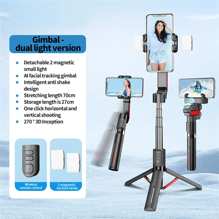 C10 Handheld Phone Stabilizer Gimbal AI Face Tracking Vlog Live Streaming Selfie Stick with 2 Fill Lights - Black+Red