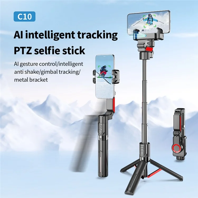 C10 Handheld Phone Stabilizer Gimbal AI Face Tracking Vlog Live Streaming Selfie Stick with 2 Fill Lights - Black+Red