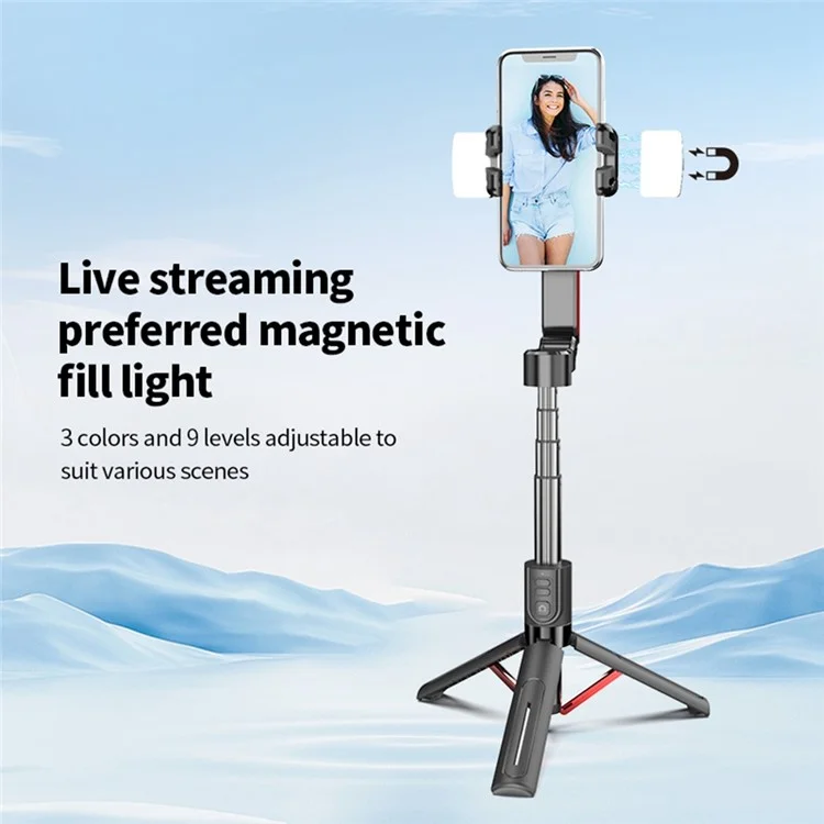 C10 Handheld Phone Stabilizer Gimbal AI Face Tracking Vlog Live Streaming Selfie Stick with 2 Fill Lights - Black+Red