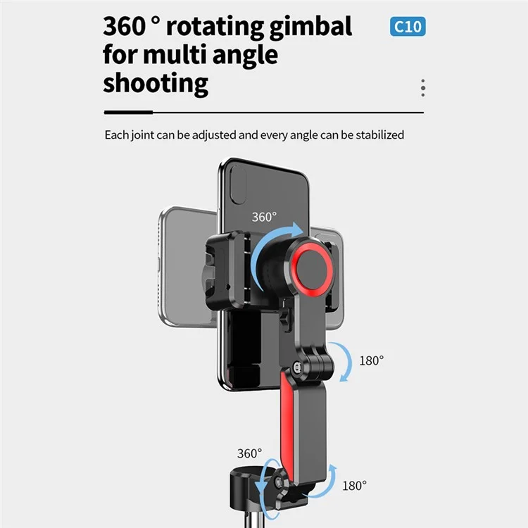 C10 Handheld Phone Stabilizer Gimbal AI Face Tracking Vlog Live Streaming Selfie Stick with 2 Fill Lights - Black+Red