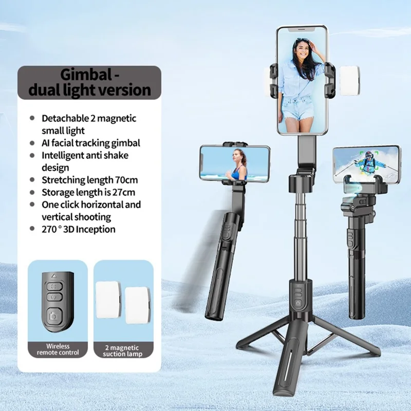 C10 Handheld Phone Stabilizer Gimbal AI Face Tracking Vlog Live Streaming Selfie Stick with 1 Fill Light - Dark Grey