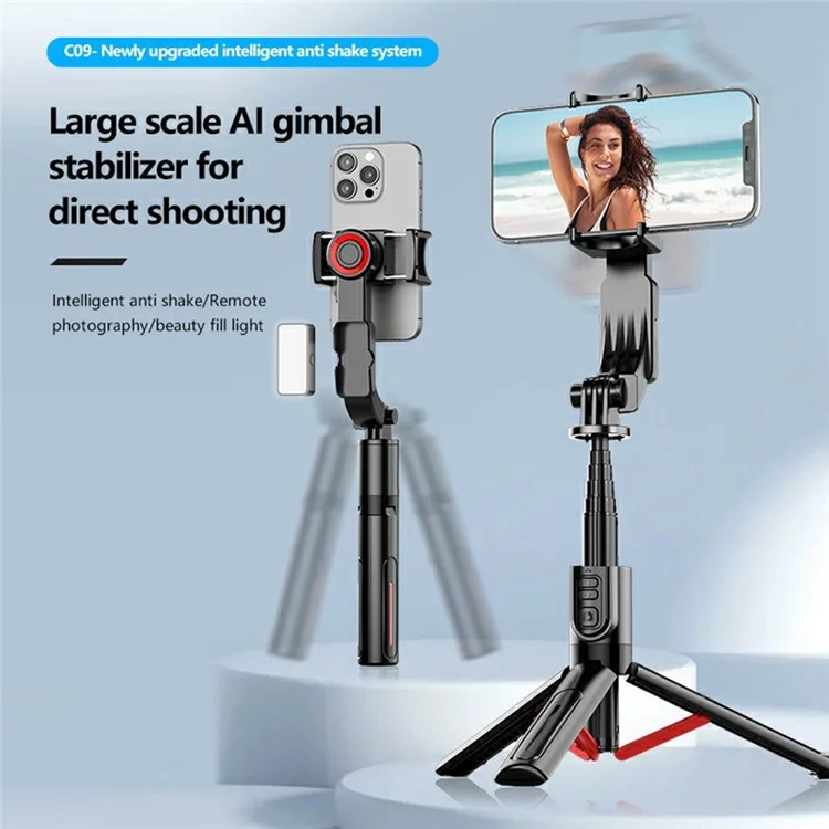 C09 Multifunction Selfie Stick Gimbal Stabilizer for Smartphones Tripod Stand with Magnetic Fill Light - Red  /  Black
