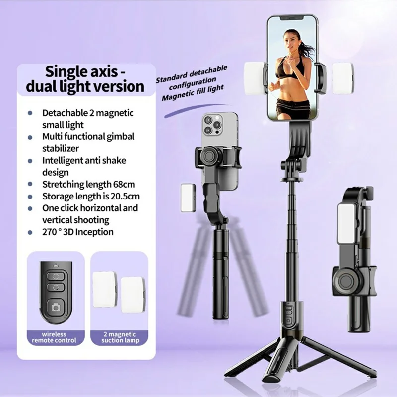 C09 Gimbal Stabilizer Selfie Stick with Dual Fill Light for Smartphones Anti Shake Single Axis Stabilizer - Black