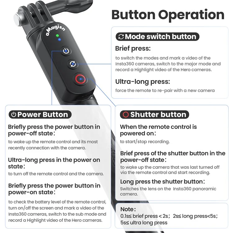 AMSIGN Bluetooth-Fernauslöser Selfie-Stick 1m ausziehbarer Selfie-Stick für Action-Kamera Smartphone - 1/4 Zoll Schraube