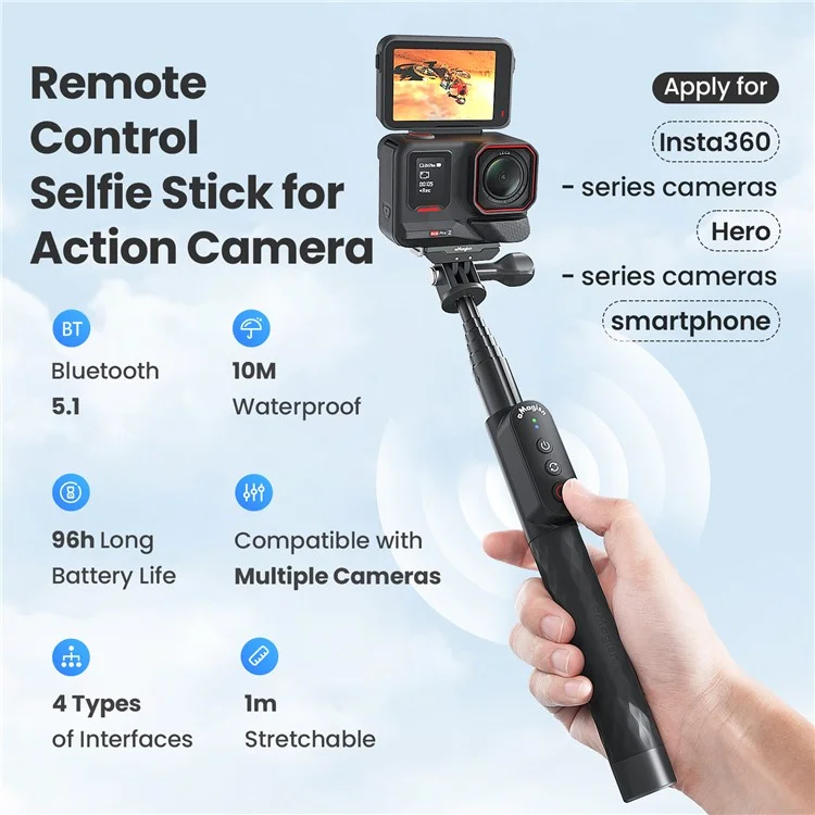 AMSIGN Bluetooth-Fernauslöser Selfie-Stick 1m ausziehbarer Selfie-Stick für Action-Kamera Smartphone - 1/4 Zoll Schraube