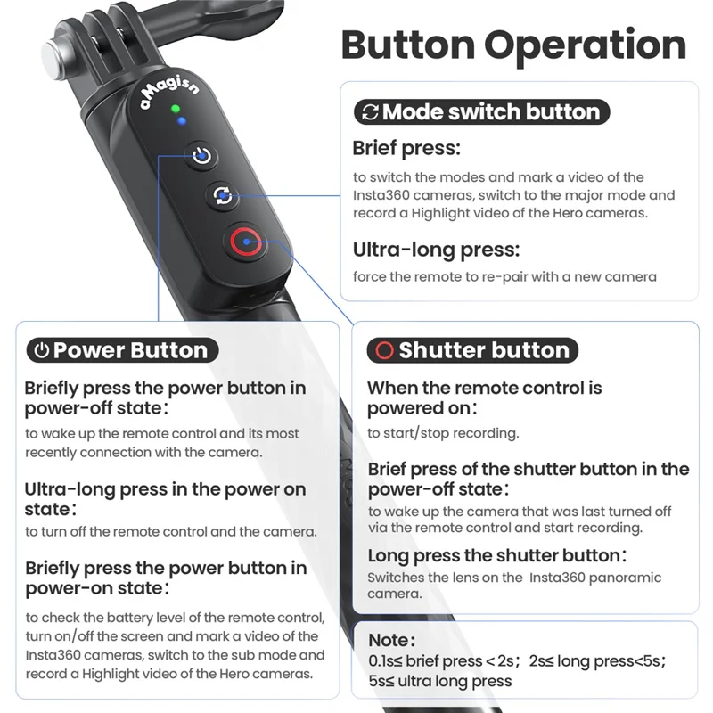 AMAGISN Bluetooth-compatible Remote Selfie Stick 1m Retractable Selfie Stick for Action Camera Phone - Ball Head + Three Prong