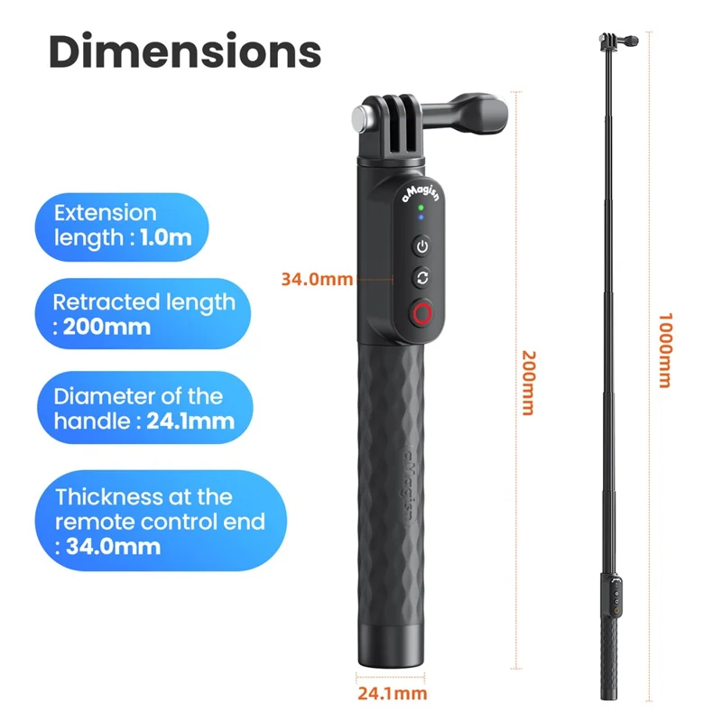 AMAGISN Bluetooth-compatible Remote Selfie Stick 1m Retractable Selfie Stick for Action Camera Phone - Ball Head + Three Prong