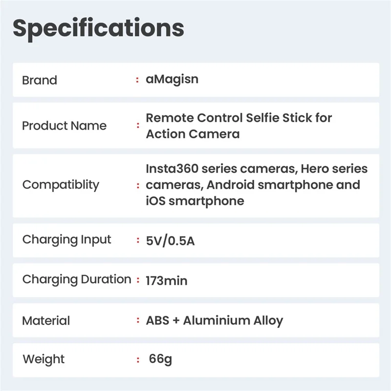 AMAGISN Bluetooth-compatible Remote Selfie Stick 1m Retractable Selfie Stick for Action Camera Phone - Ball Head + Three Prong