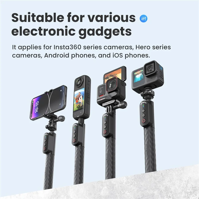 AMAGISN Bluetooth-compatible Remote Selfie Stick 1m Retractable Selfie Stick for Action Camera Phone - Ball Head + Three Prong