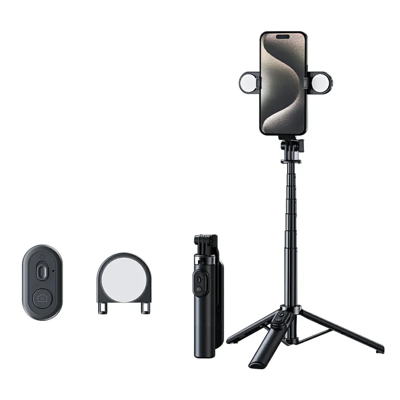 A07 Mini Bluetooth-compatible Selfie Stick with Dual Fill Lights Cell Phone Metal Tripod Stand - Black