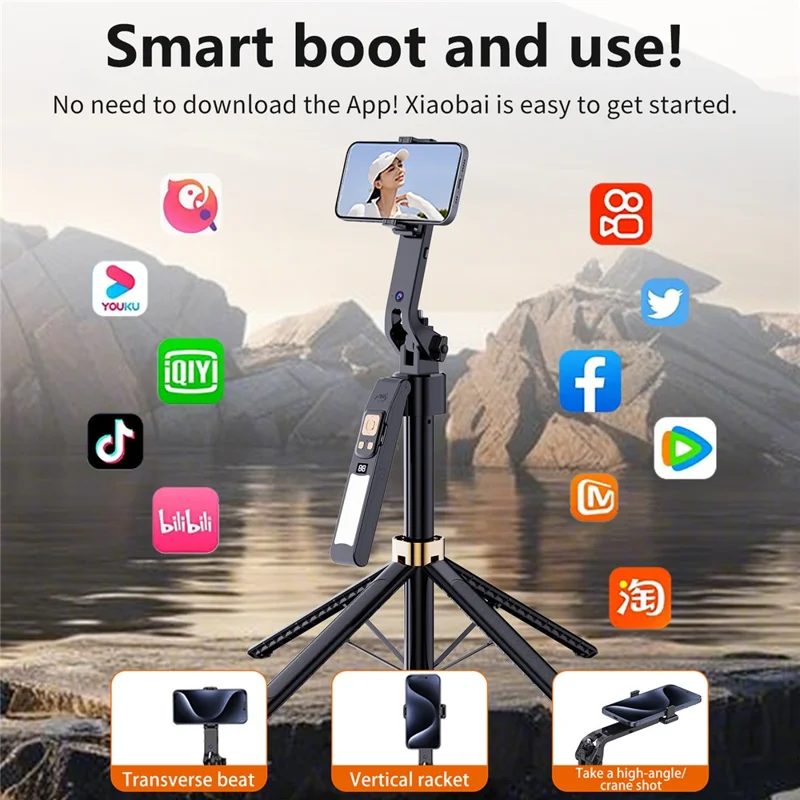 CL12-P 1,8 m Teleskop-Selfie-Stick KI-Smart-Tracking Gimbal-Stativ mit Aufhelllicht für Livestreaming - Schwarz