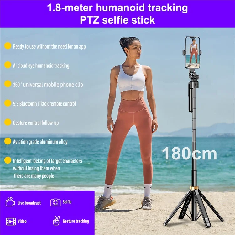 CL11-P Bastão de Selfie Inteligente com IA para Transmissão ao Vivo, Suporte de Chão de 1,8m com Estabilização de Movimento e Bluetooth