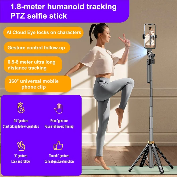 CL11-P Bastão de Selfie Inteligente com IA para Transmissão ao Vivo, Suporte de Chão de 1,8m com Estabilização de Movimento e Bluetooth