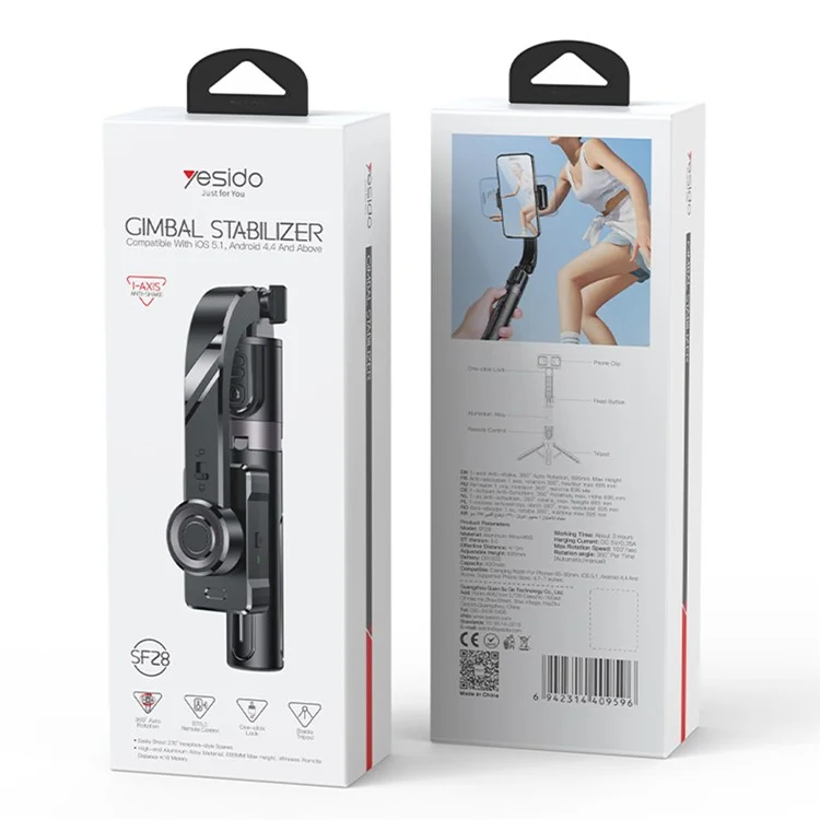 YESIDO SF28 Smartphone Gimbal Stabilizer Selfie Stick Bluetooth-Compatible Tripod with Remote Control