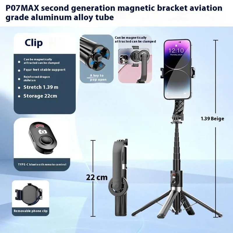 P07MAX Bastão de Selfie Magnético para Celular com Controle Remoto Bluetooth Compatível, Suporte Extensível de Quatro Pernas - Preto