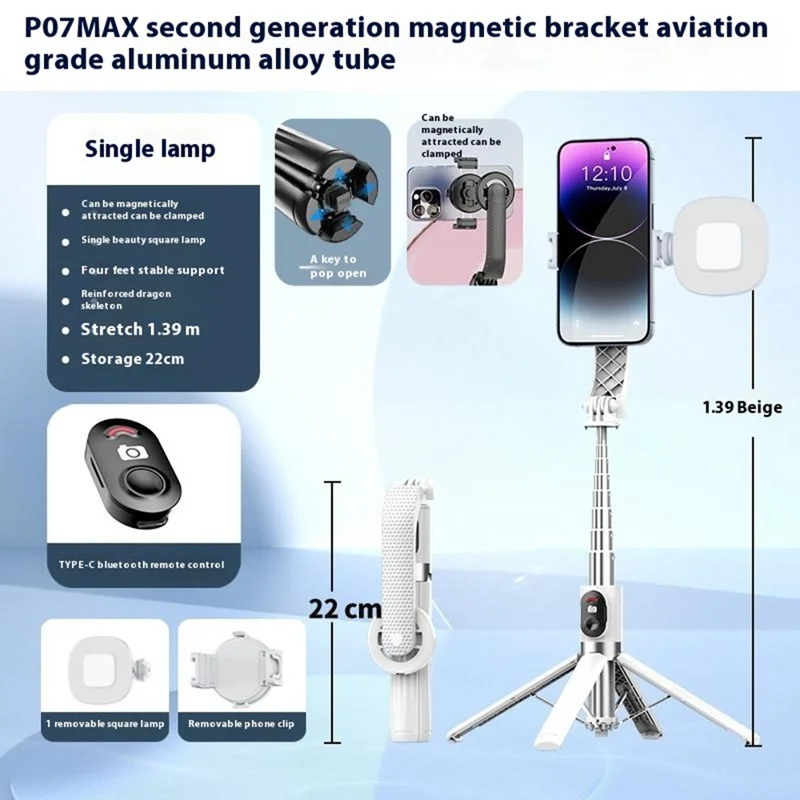 P07MAX Magnetischer Handy-Selfiestick mit Bluetooth-kompatibler Fernbedienung, ausziehbarer Stativ mit 1 Aufhelllicht - Schwarz