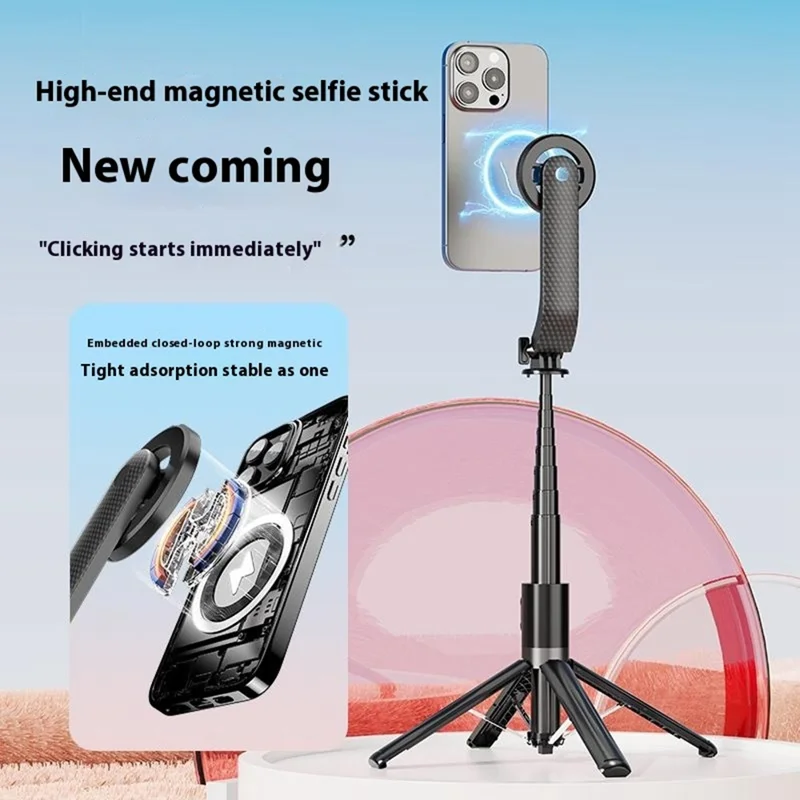 P07MAX Magnetischer Handy-Selfiestick mit Bluetooth-kompatibler Fernbedienung, ausziehbarer Stativ mit 1 Aufhelllicht - Schwarz