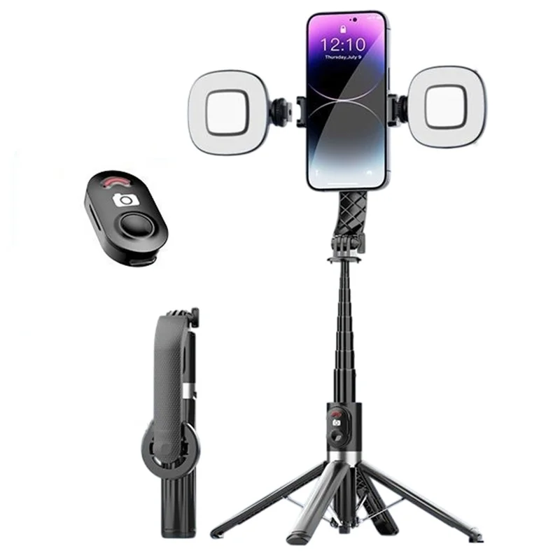 P07MAX Suporte de Selfie Magnético para Celular Controle Remoto Bluetooth Extensível com 4 Pernas e 2 Luzes de Preenchimento - Preto