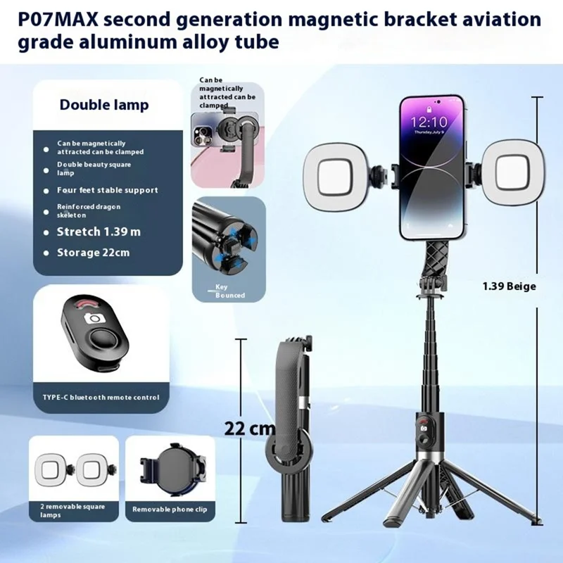P07MAX Suporte de Selfie Magnético para Celular Controle Remoto Bluetooth Extensível com 4 Pernas e 2 Luzes de Preenchimento - Preto