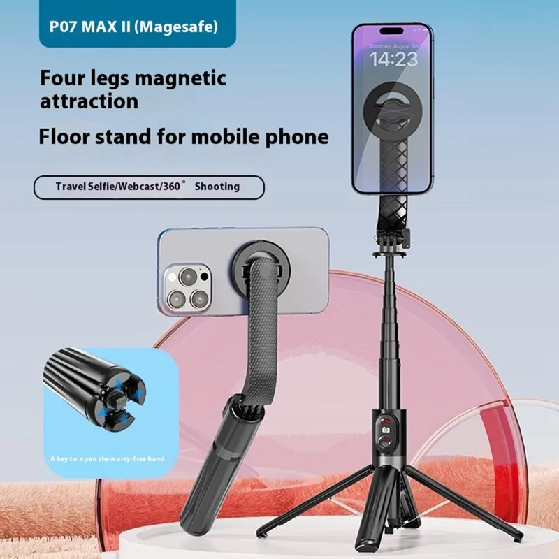 P07MAX Suporte de Selfie Magnético para Celular Controle Remoto Bluetooth Extensível com 4 Pernas e 2 Luzes de Preenchimento - Preto