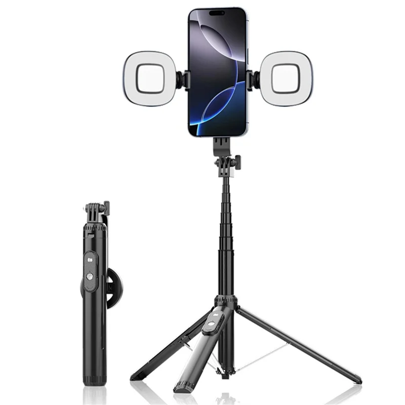 Palo de selfie magnético P160 con luz de relleno dual compatible con soporte de teléfono MagSafe - Negro