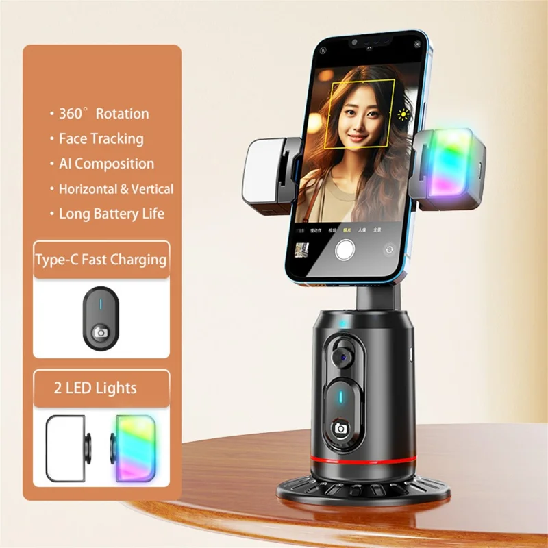 Q02 AI Estabilizador de telefone com rastreamento facial inteligente Seguimento automático Suporte para streaming ao vivo com 2 luzes