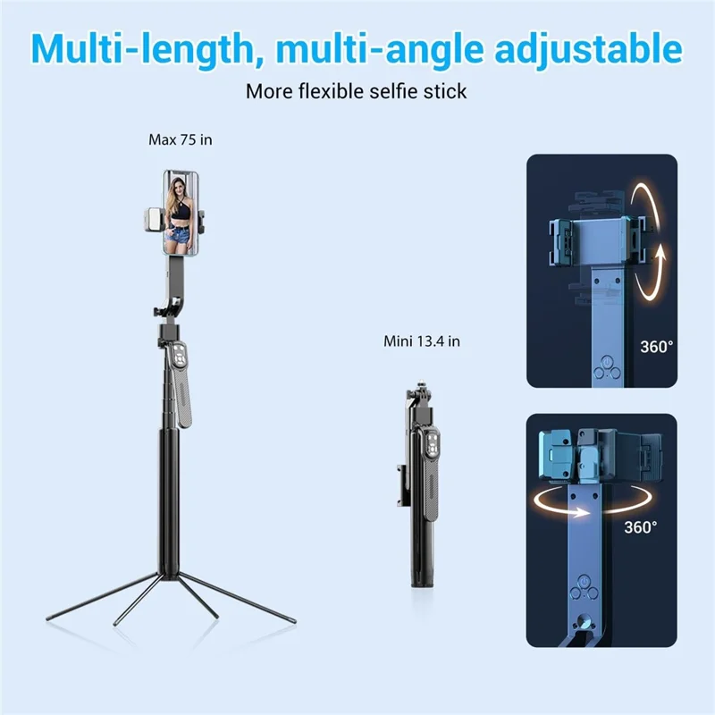 Q530TK Tripé Expansível com Rastreamento Facial Automático, Luz, Rotação 360° e Suporte de Metal para Celular com Pau de Selfie