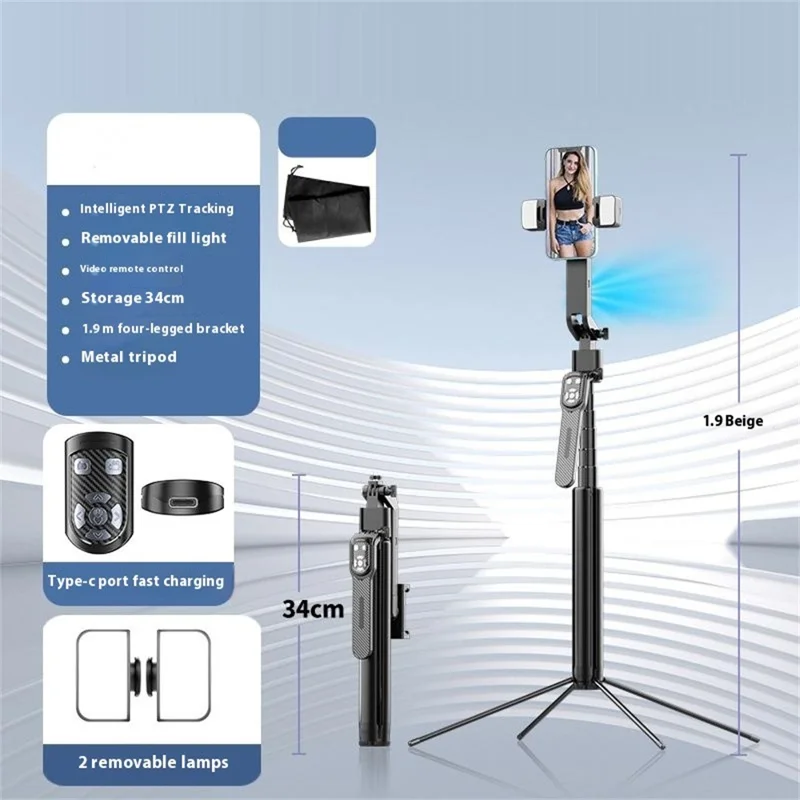 Q530TK Tripé Expansível com Rastreamento Facial Automático e Duplas Luzes, Suporte de Metal para Celular com Rotação de 360° para Selfie