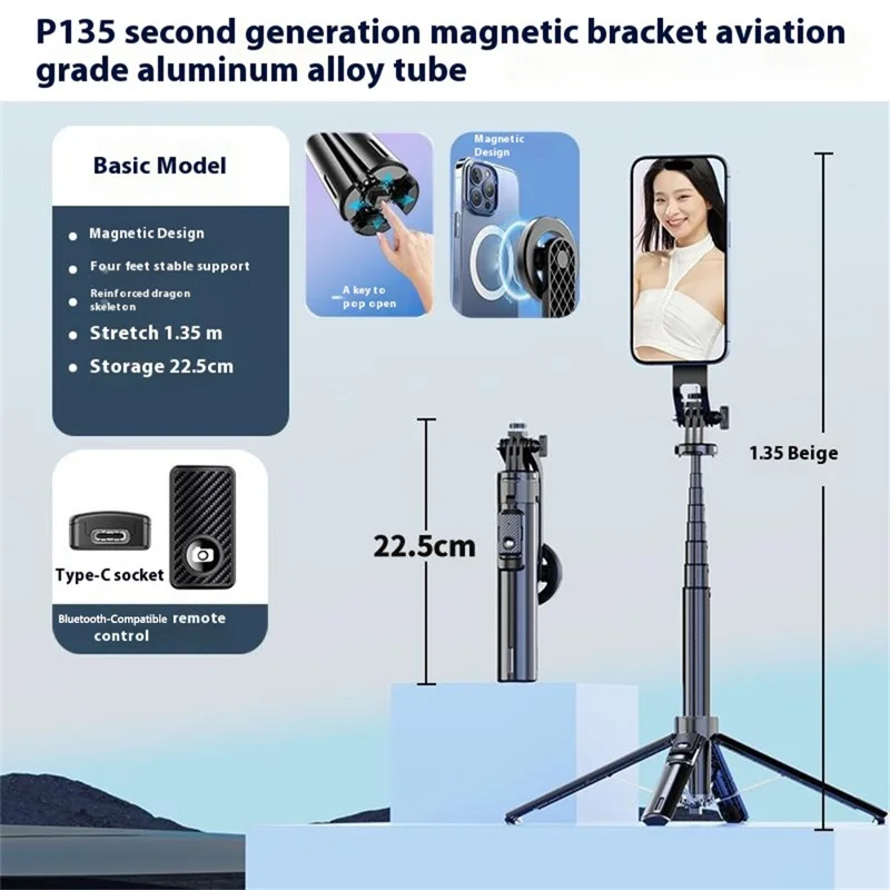 P135 Magnetischer Selfiestick Stativ Ausziehbar Handstabilisator Gegen Verwacklungen Für Fotografie