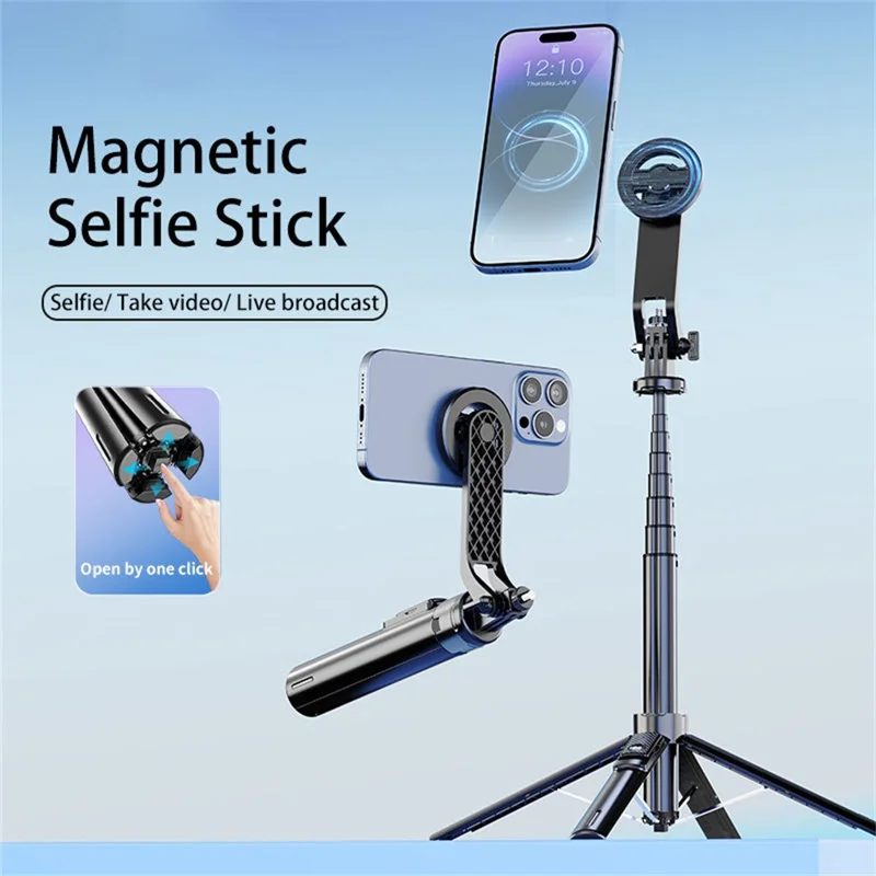 P135 Palo Selfie de Mano Antivibración con Soporte Magnético Extensible de Cuatro Patas con 1 Luz de Relleno - Negro