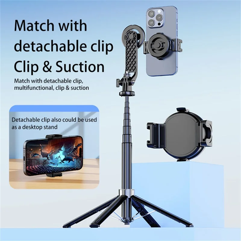 P135 Palo Selfie de Mano Antivibración con Soporte Magnético Extensible de Cuatro Patas con 1 Luz de Relleno - Negro