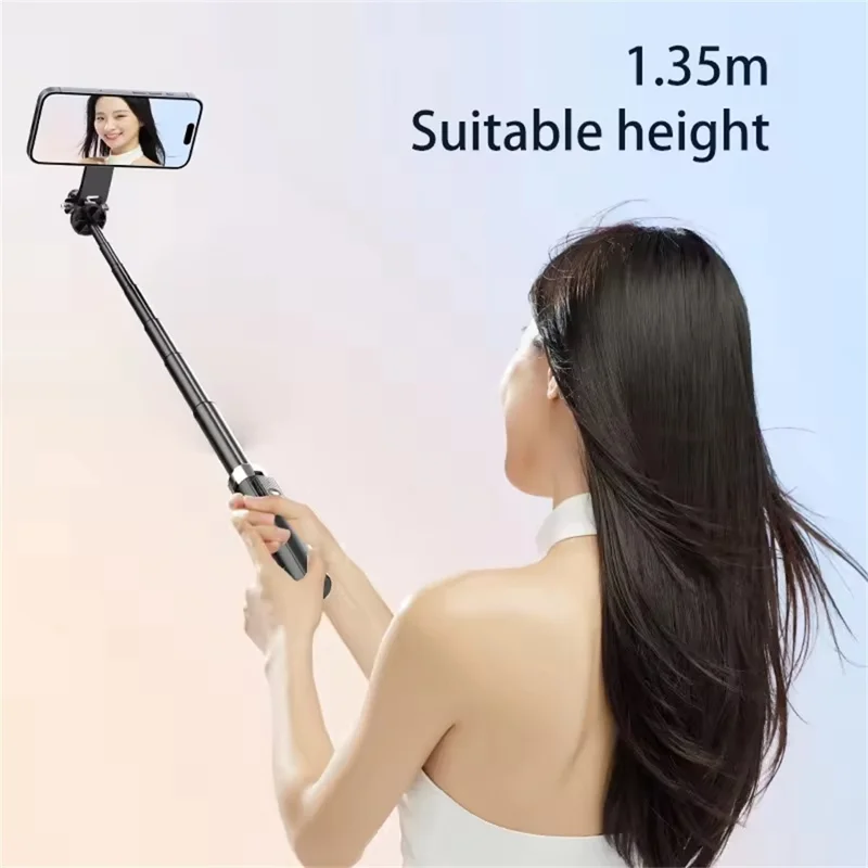 P135 Palo Selfie de Mano Antivibración con Soporte Magnético Extensible de Cuatro Patas con 1 Luz de Relleno - Negro