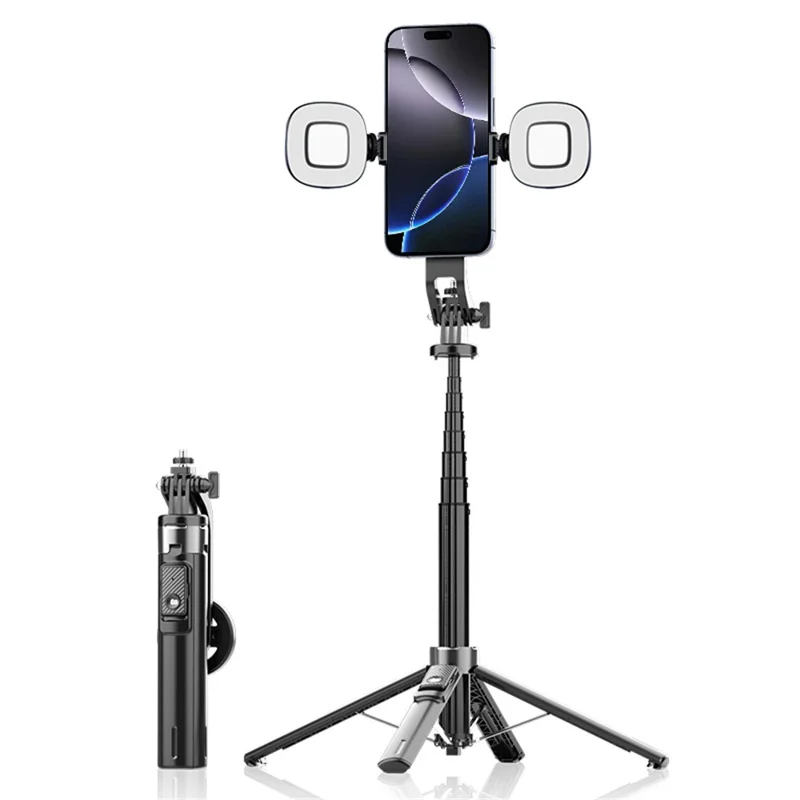 Bastão de selfie portátil P135 com suporte magnético extensível de quatro pernas e 2 luzes de preenchimento - Preto