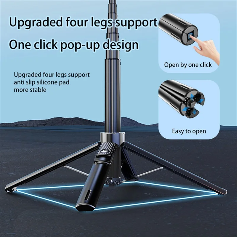Bastão de selfie portátil P135 com suporte magnético extensível de quatro pernas e 2 luzes de preenchimento - Preto